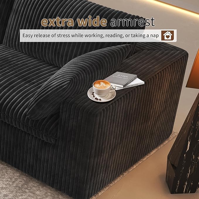 118" 6-Seater Cloud Sofa,Modular Sectional Couch with Ottoman,Modern Deep Seat Upholstered Couches with Corduroy Fabric for Living Room Furniture,Bedroom and Apartment,No Assembly Required,Black-CasaMuseHome