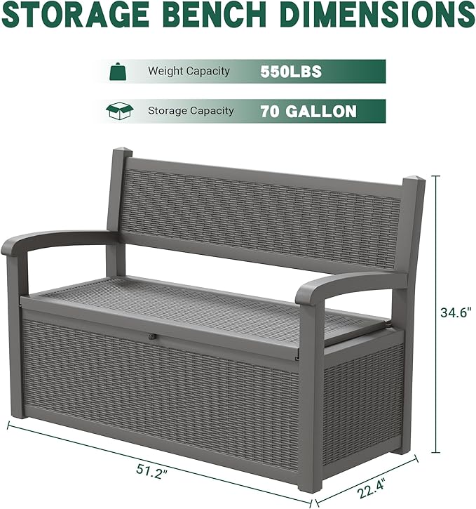 70 Gallon Outdoor Storage Bench Deck Box Lockable for Patio Furniture, Outdoor Porch Bench with Storage Waterproof for Cushions, Garden Tools and Pool Supplies, Grey-CasaMuseHome