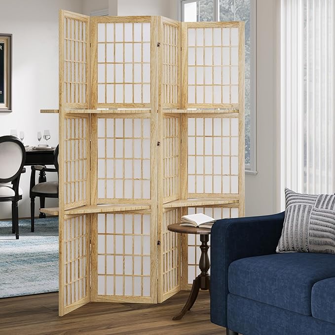 5.6FT Room Divider and Folding Portable Partition Screen, Chinese Japanese Shoji Style with Three Display Shelves for Room Separation - 4 Panel (Natural)-CasaMuseHome