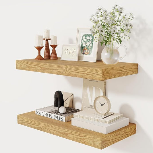 12 Inch Deep Floating Shelves, 24 x 12 Floating Shelf for Books, Rustic Wood Deep Wall Shelves for Home Storage & Display, 2" Thicked Shelves for Kitchen, Living Room, Bedroom, Oak Color, 2 Pack-CasaMuseHome