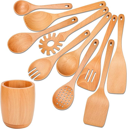 11 PCS WOSPONFAN Kitchen Utensils Set - Wooden Spoons for Cooking, Natural Beech Wood Wooden Utensils - Includes Wooden Spoons, Spatula Set, Slotted Spoon - Handmade Wooden Spoon Set-CasaMuseHome