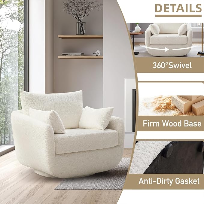 360° Swivel Accent Armchair Set of 2, 39.3" Oversized, Sherpa Boucle Fabric Sofa Chair with Removable Back & Arm Pillows, Swivel Chairs with Cozy Soft Padded, No Assembly Required, White-CasaMuseHome