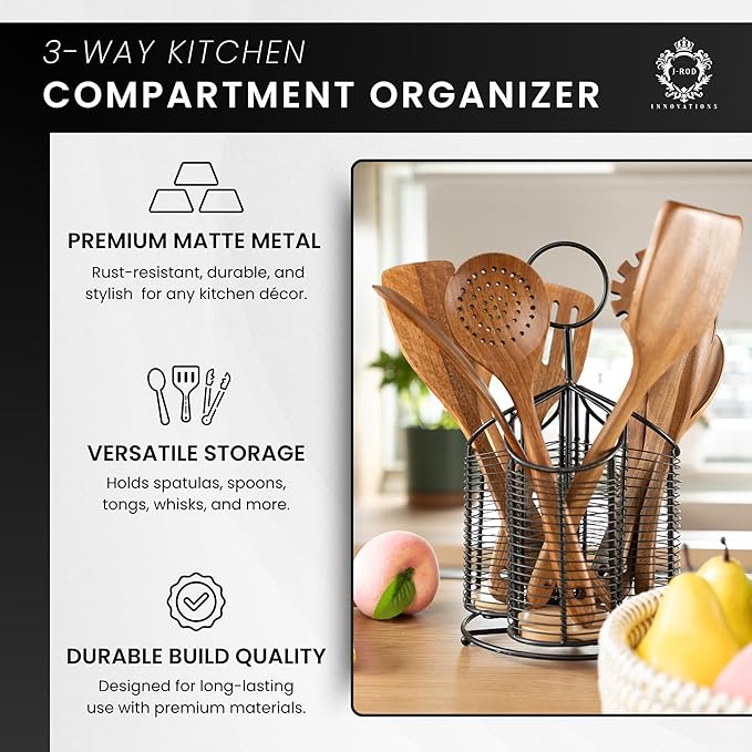 360° Rotating Kitchen Utensil Holder- 3 Compartment Organizer with Cork Bottoms | Includes Premium 9-Piece Acacia Wood Utensil Set | Professional & Home Luxury Design | Metal Utensil Crock (Black)-CasaMuseHome