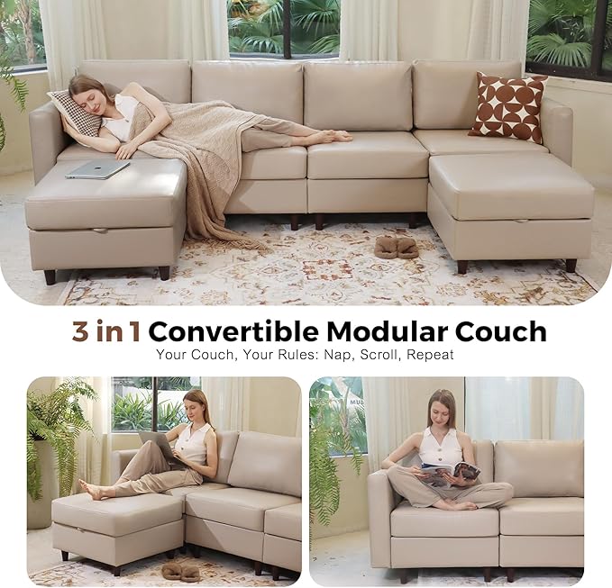 118.5" Faux Leather Modular Sectional Sofa, U Shaped Couch Set for Living Room, Large 8-Seater Comfy Cloud Couches with Storage Seat DIY Combination - Whitesand-CasaMuseHome