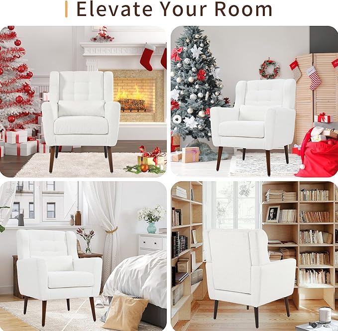 Accent Chair Set of 2, Upholstered Armchair with Pillow, Teddy Single Sofa with Lounge Seat and Wood Legs for Living Room Small Spaces-CasaMuseHome