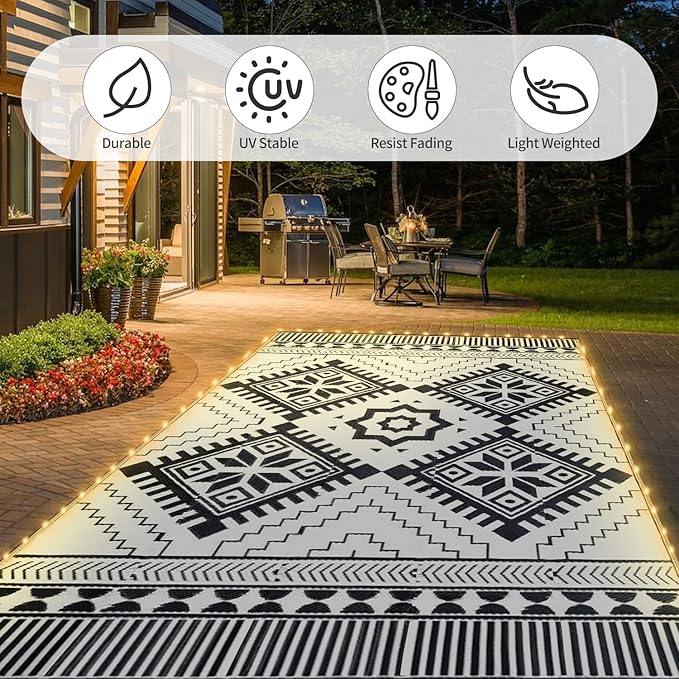 6x9ft Waterproof Outdoor Rug with LED Lights, Boho Reversible Plastic Straw Mat for Patio RV Camping Picnic Balcony Beach Deck Indoor Outdoor Carpet, Black&White-CasaMuseHome