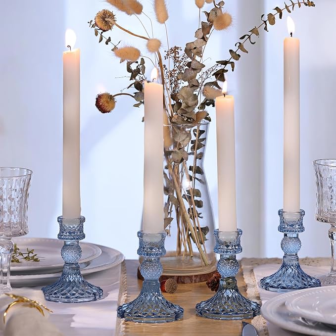 12Pcs 4" H Aqua Blue Candlestick Holders Set- Taper Candle Holders Bulk, Glass Candle Holders for Wedding, Party, Romantic Dinner Table Centerpieces, Festival Gifts & Windowsill Decor-CasaMuseHome