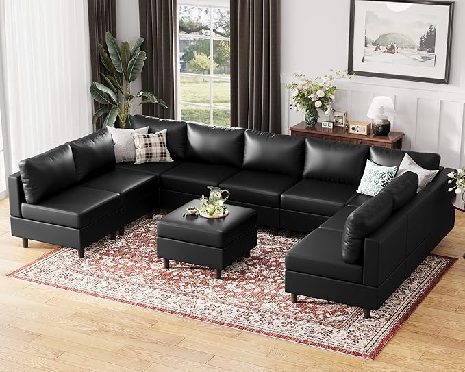 ABCASA Oversized 145.5" Faux Leather Modular Sectional Sofa, Modern Large 10 Seater U Shaped Couch with Storage Seat with Reversible Chaise Deep Seat for Living Room DIY Combination - Black-CasaMuseHome