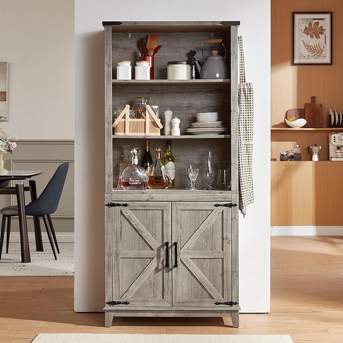 5 Tier Bookshelf 70in Tall Bookcase with Barn Doors and Storage Cabinet, Grey Farmhouse Book Shelf with Adjustable Shelves, Wood Freestanding Display Bookshelves for Bedroom, Kitchen (3PCS)-CasaMuseHome