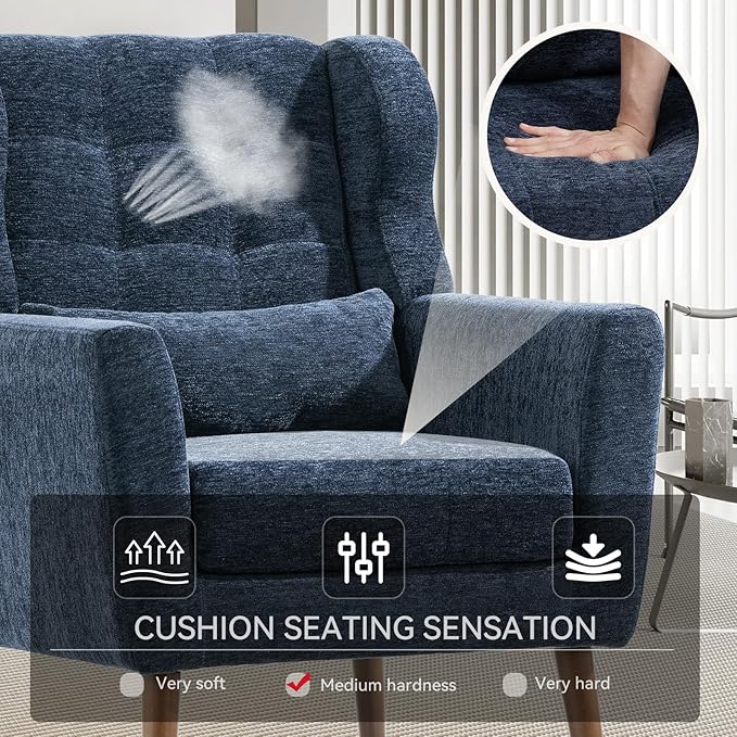 Accent Chair Set of 2, Upholstered Armchair with Pillow, Fabric Single Sofa Chair with Lounge Seat and Wood Legs Accent Chair for Living Room Small Spaces (Dark Blue, Set of 2)-CasaMuseHome