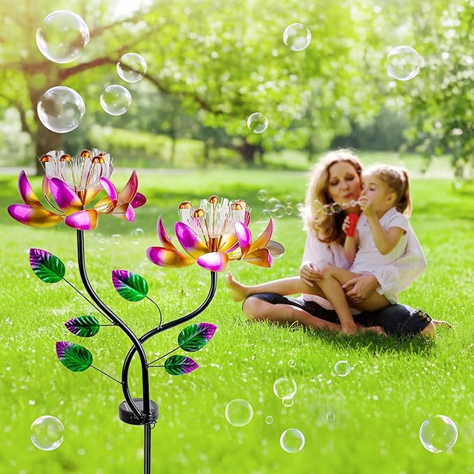 55'' Solar Powered Kinetic Wind Spinner Sculpture Pink Lotus Metal Stake Spinner for Patio, Lawn and Garden Decor Weather-Resistant Outdoor Art with Dual Lotus Design-CasaMuseHome
