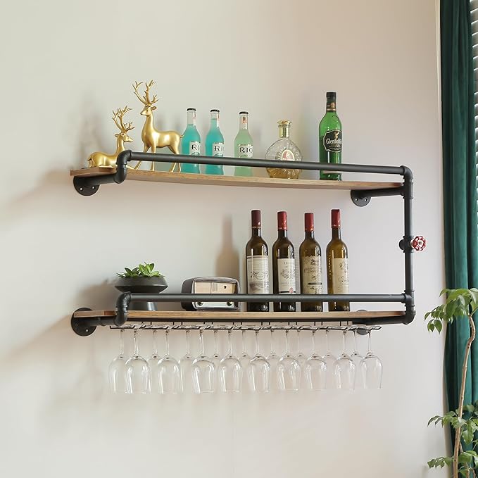 41 Inch Wine Rack Wall Mounted 2 Tier, Hanging Floating Bar Liquor Shelves with Glass Holder Storage Under, Industrial Rustic Pipe Farmhouse Kitchen Decor Black-CasaMuseHome