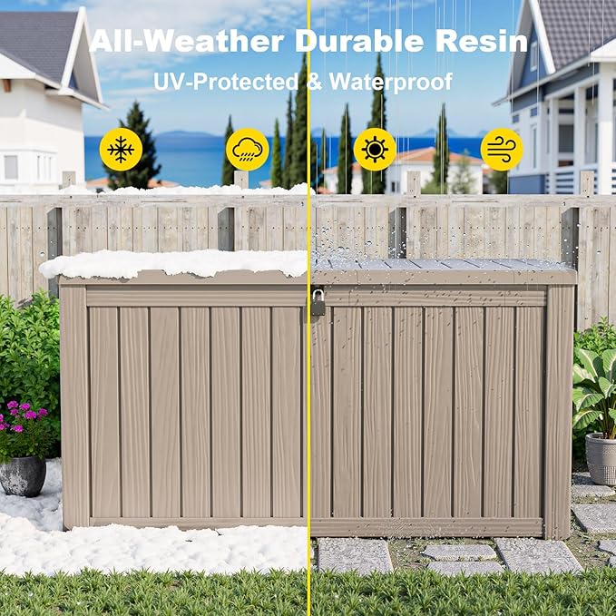 150 Gallon Deck Box Large Outdoor Storage for Patio Furniture,Outdoor Cushions,Garden Tools and Pool Supplies,Waterproof,Resin,Lockable(Grey)-CasaMuseHome