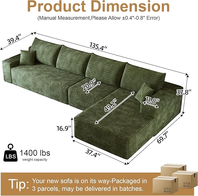 136" Sectional Couches for Living Room Modern Modular Sofa with L-Shape Couchs Upholstered Boneless Couch Deep Seat Sectional Couch with Chaise (Green, Right Facing Chaise+3Seaters)-CasaMuseHome