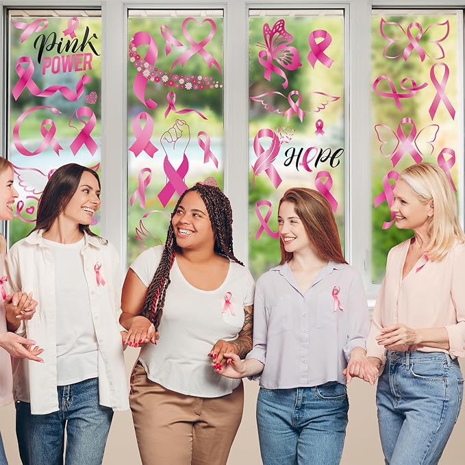 9 Sheets Breast Cancer Awareness Window Clings, 77 Kinds of Pink Window PVC Stickers for Pink Ribbon Decorations, Hope Fight Cancer Theme Windows Decals for Glass Home Decor Supplies-CasaMuseHome