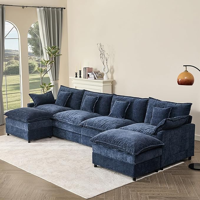 142.5" U Shaped Couch, Modular Sectional Sofa, 3-Seater Comfy Cloud Couch with Movable Ottoman, Deep Seat Couches for Living Room, Chenille, Navy-CasaMuseHome