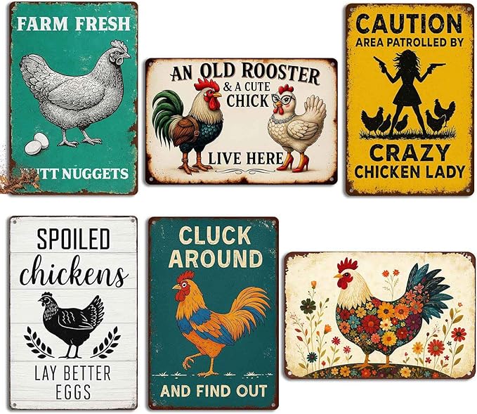 6 Pack Chicken Coop Signs – Vintage Farm Accessories Funny Metal Tin Signs for Outdoor Chicken Coop Decor, Farmhouse Wall Art, Rustic Barn Yard Decorations, 8x12 Inch-CasaMuseHome