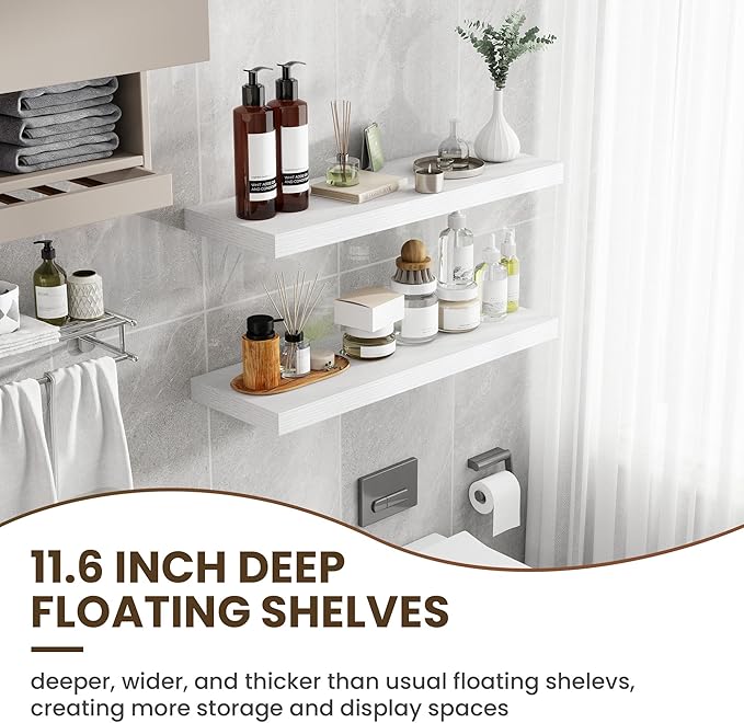 36 Inch Floating Shelves, 12 Inch Deep Floating Shelves for Wall, Floating Shelf with Invisible Brackets, Large Deep Wall Shelves for Bathroom, Bedroom, Living Room, 2 Pack, White-CasaMuseHome
