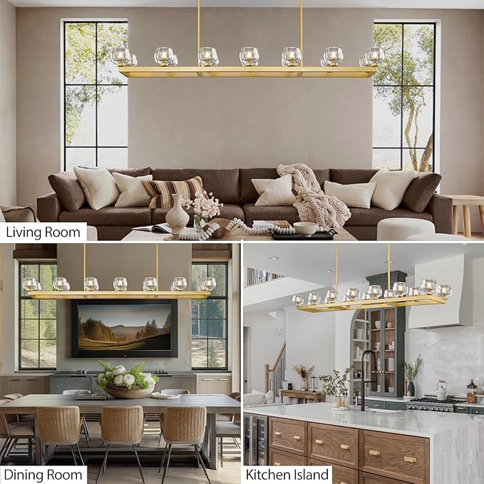 72 Inch Brass Rectangle Wagon Wheel Chandeliers, Gold Chandelier for Dining Room Over Table, Modern Crystal Long Chandelier for High Ceiling, Farmhouse Large Linear Chandeliers for Kitchen Island-CasaMuseHome