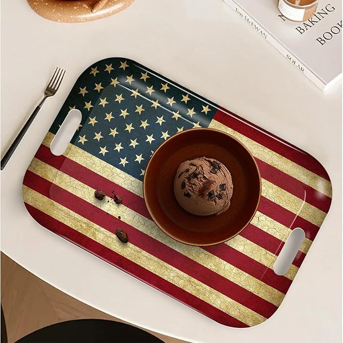 Serving Trays with Handles, 14.5 x 9.8 inch Rectangular Plastic Tray for Restaurant, Kitchen, Vintage United States of America Flag-CasaMuseHome