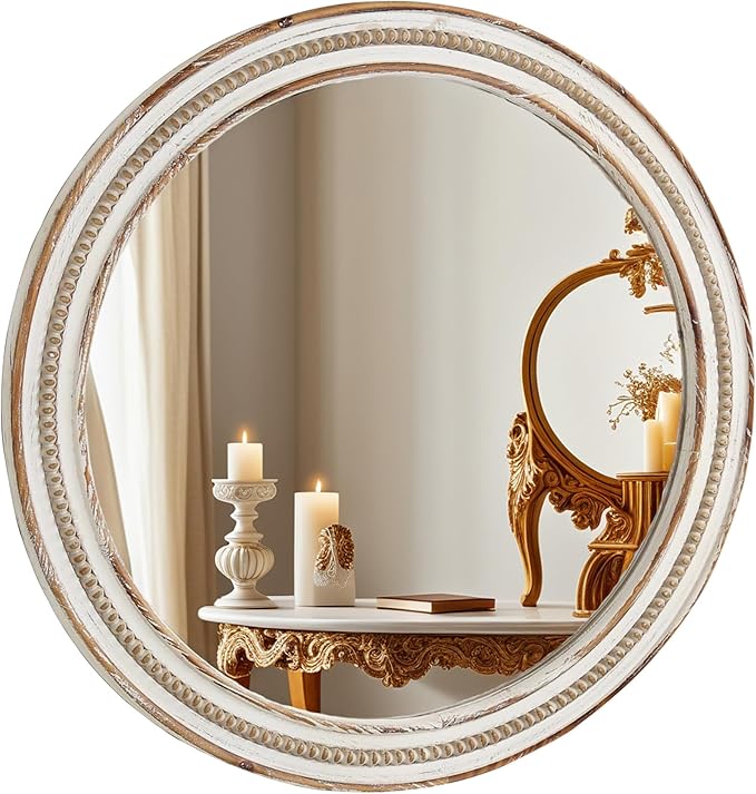 24 Inch Round Mirror - Distressed Vintage Farmhouse Mirror for Bathroom Wall, Living Room, Bedroom & Entryway, Handmade Wood Frame-CasaMuseHome