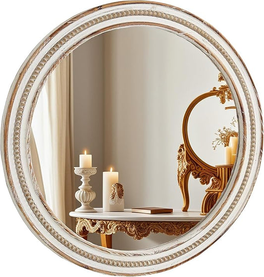 24 Inch Round Mirror - Distressed Vintage Farmhouse Mirror for Bathroom Wall, Living Room, Bedroom & Entryway, Handmade Wood Frame-CasaMuseHome