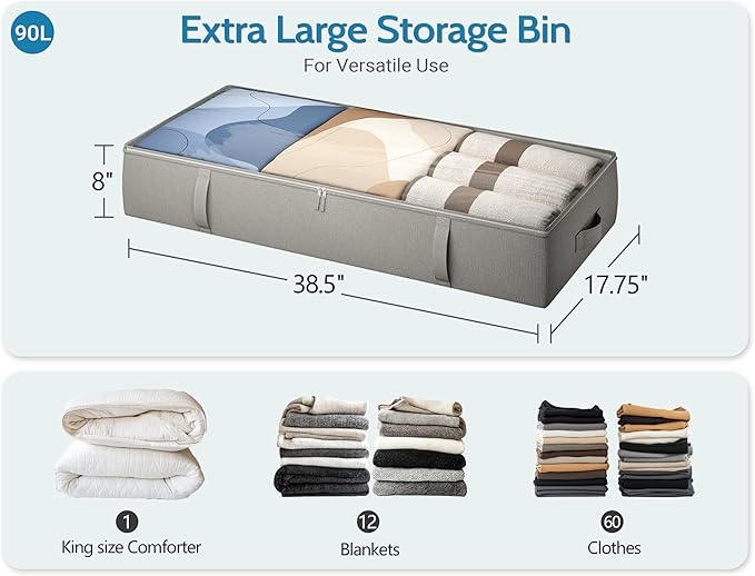 2-Pack Under Bed Storage Containers, 8 Inches Tall Underbed Clothes Storage Organizer Bin with Sturdy Sidewalls/Bottom, Under the Bed Storage Bags 2 Storage Bins, Light Grey-CasaMuseHome