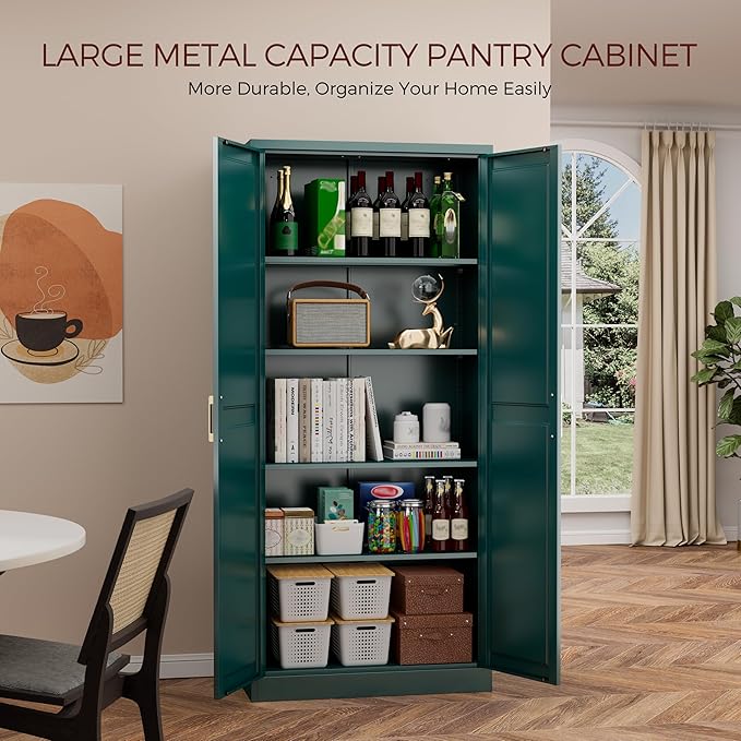 71" Metal Pantry Cabinet, Tall Kitchen Pantry Storage Cabinet with 4 Adjustable Shelves and Gold Handles, Green Cupboard for Kitchen, Dining Room, Living Room-CasaMuseHome