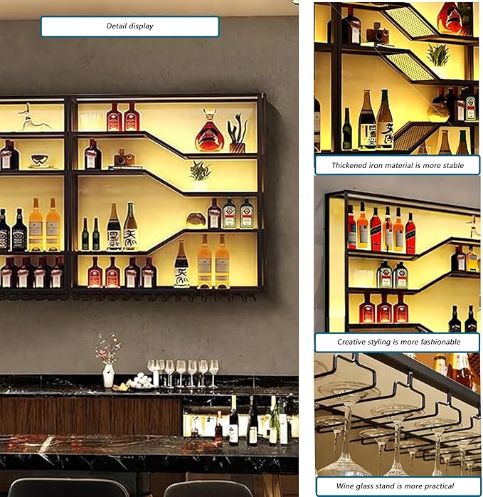 94.4in Wall Mounted Wine Rack with LED Light, 5-Tiers Liquor Bottles Display Shelf with Glasses Holder, Metal Home Bar Shelves with Industrial Iron Frame for Kitchen (Black, 94.4in/7.87ft)-CasaMuseHome