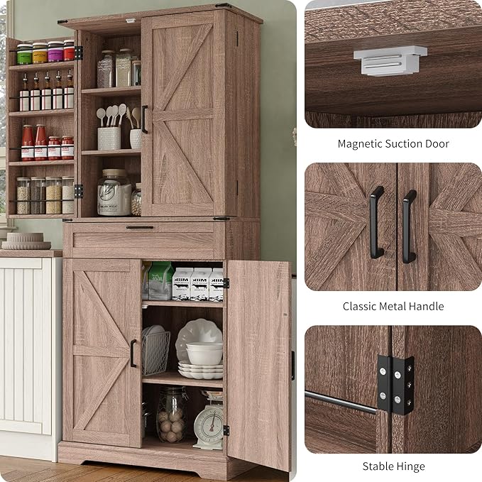 72'' Kitchen Storage Pantry Cabinet, Tall Storage Cabinet with 8 Door Shelves, 2 Cabinets and 1 Drawer, Freestanding Cupboard for Kitchen, Dining Room, Bathroom, Laundry, Living Room, Espresso-CasaMuseHome
