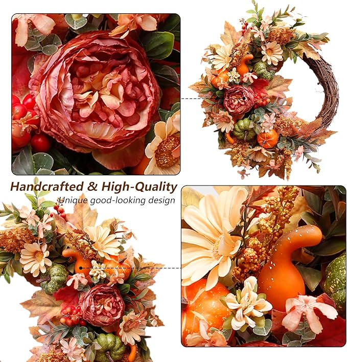 20Inch Fall Wreaths for Front Door,Fall Decorations for Home,Autumn Wreaths with Pumpkin Peony Sunflowers Berry Wreaths,Fall Door Wreath for Thanksgiving Halloween Farmhouse Home Outdoor Indoor Decor-CasaMuseHome