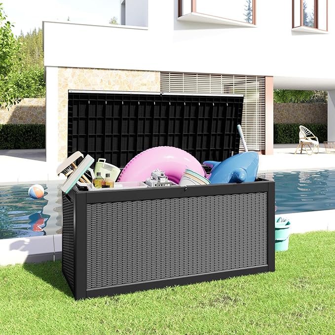 260 Gallon Resin Deck Box, Lockable Patio Outdoor Storage Box for Furniture, Garden Tools and Tools Storage, Waterproof Outside Storage Boxes - Black-CasaMuseHome