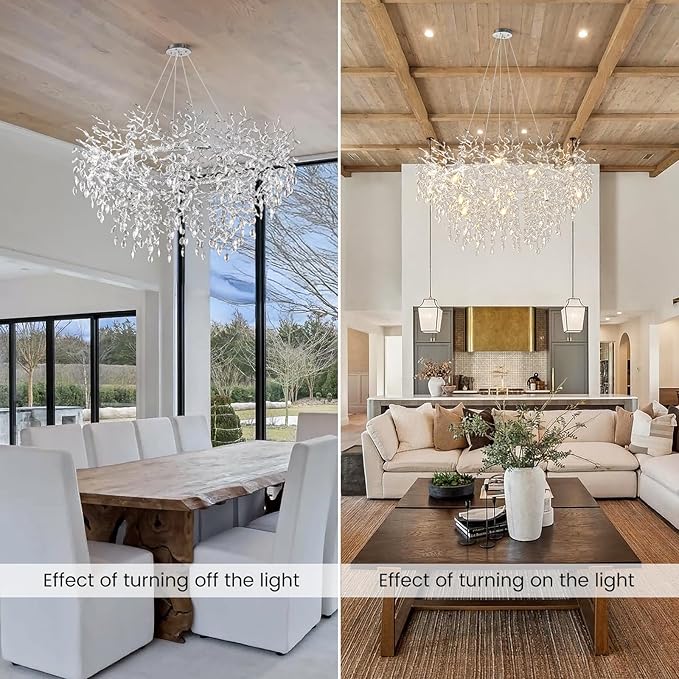 14-Light Modern Living Room Crystal Chandeliers,48" Round Silver Tree Branche Chandelier,Silver K9 Crystal Chandeliers for Dining Room,High Ceiling,Entryway、Foyer-CasaMuseHome