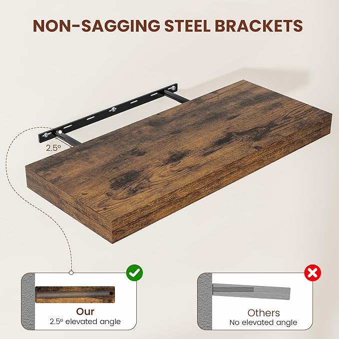 12" Deep Floating Shelves for Wall 24 Inches Long, Heavy Duty Wall Shelves for Bedroom Bathroom Kitchen Laundry Room, Farmhouse Rustic Shelves for Home Decor, 24" X 12" X 2" Set Of 2, Rustic Brown-CasaMuseHome
