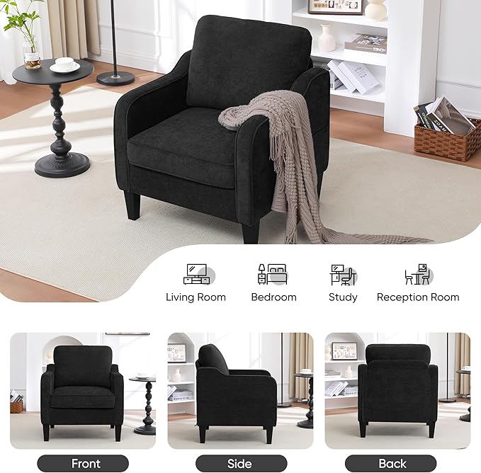 Accent Chair for Living Room, Mid Century Modern Reading Chair for Bedroom, Upholstered Armchair with Side Pockets, Comfy Single Sofa Side Chair for Office, Apartment, Small Room, Black-CasaMuseHome
