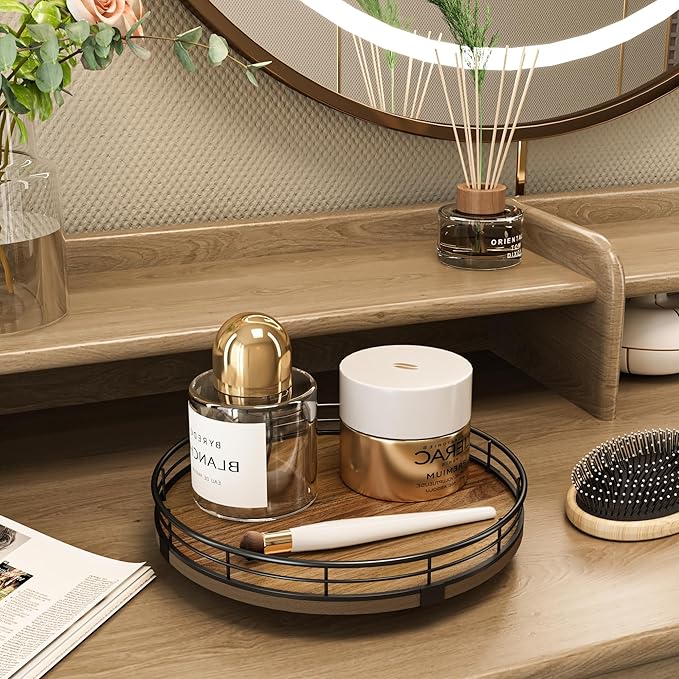 Acacia Wood 9" Bathroom Vanity Tray Turntable, Farmhouse Round Bathroom Countertop Organizer for Soap Perfume, Rotating Organizer for Kitchen Table Centerpieces, Decorative Trays for Coffee Table-CasaMuseHome