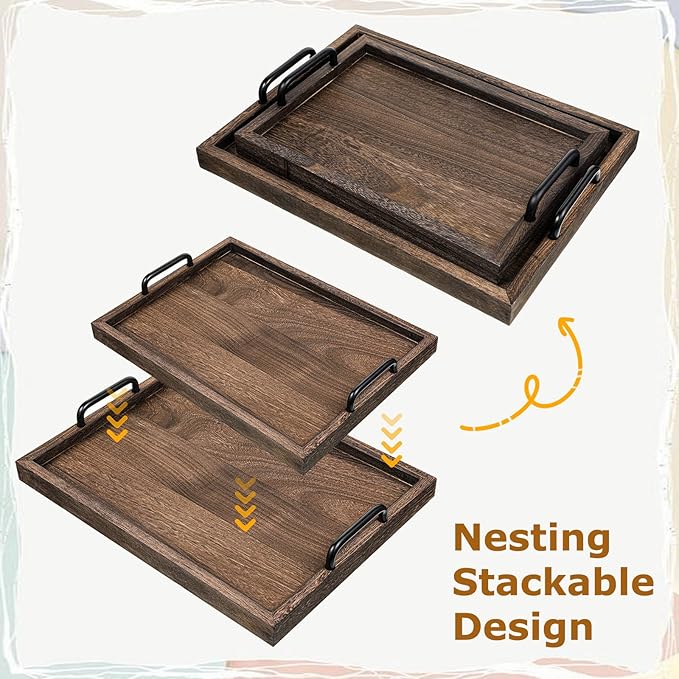 2 Pcs Rustic Wooden Serving Trays with Handle Decorative Nested Vintage Wood Serving Tray Stylish Farmhouse Decor Servings Platters for Eating, Breakfast(Large 15.8x11.8x1.2 in, Small 13.4x9.4x1.2 in)-CasaMuseHome