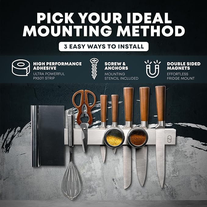 24" Magnetic Knife Holder for Wall with 2x Storage - Safe, Patented Storage Design - Stainless Steel Knife Magnetic Strip, Under Cabinet Knives Storage - Magnet Strip Rack Kitchen Utensil Organizer-CasaMuseHome