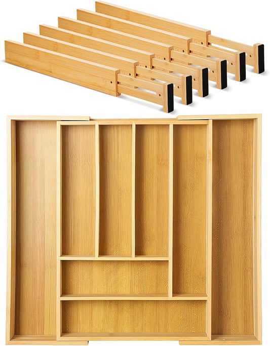 7 Pcs Adjustable Bamboo Drawer Dividers Expandable Drawer Organizers Cutlery Tray Spring Separators Organization for Kitchen Bedroom Bathroom Dresser Office-CasaMuseHome