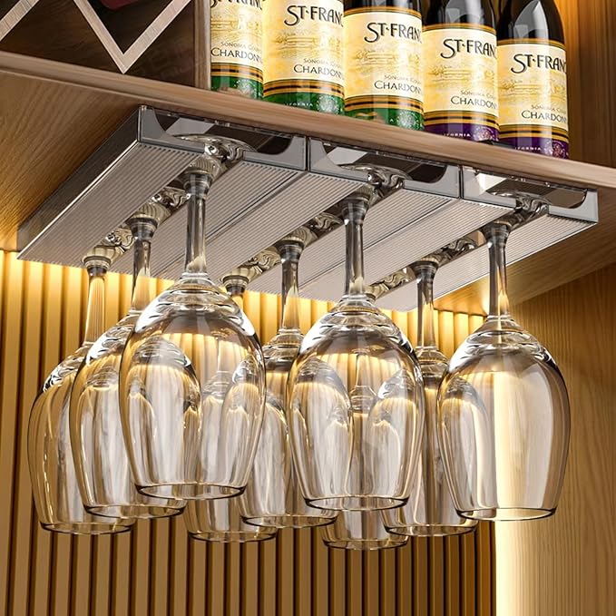 2 Pcs Wine Glass Holder,Stemware Rack Punch-free Hanging Under Cabinet for Bar,Kitchen and Restaurant (Grey)-CasaMuseHome