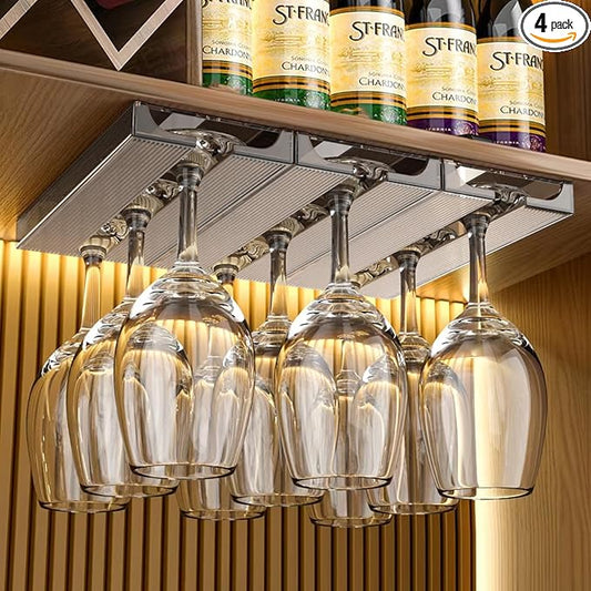 4 Pcs Wine Glass Holder Under Cabinet,Plastic Stemware Rack Punch-free Hanger Under Counter for Bar,Kitchen and Restaurant(Grey)-CasaMuseHome