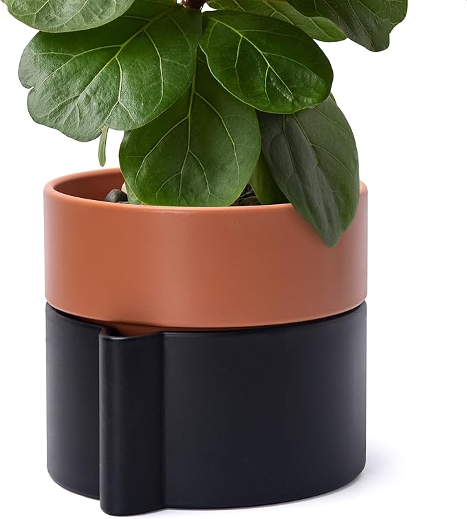 8 Inch Self-Watering Planter Pot with Terracotta Insert, Deep Water Reservoir, and Ceramic-Alike BPA-Free Plastic Planter Pot for Plant, Modern Planter for Houseplants, Black/Terracotta, 53-B-T-5-CasaMuseHome