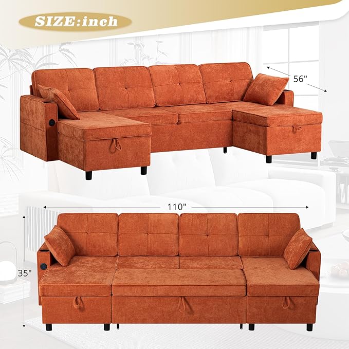 ACMEASE110“ Inches L-Shaped Pull Out Sofa Bed w/Storage Chaise & Adjustable Back, Chenille Sectional Sofa w/USB Port,Tufted Sleeper Couch w/Cup Holders for Living Room, Orange-CasaMuseHome