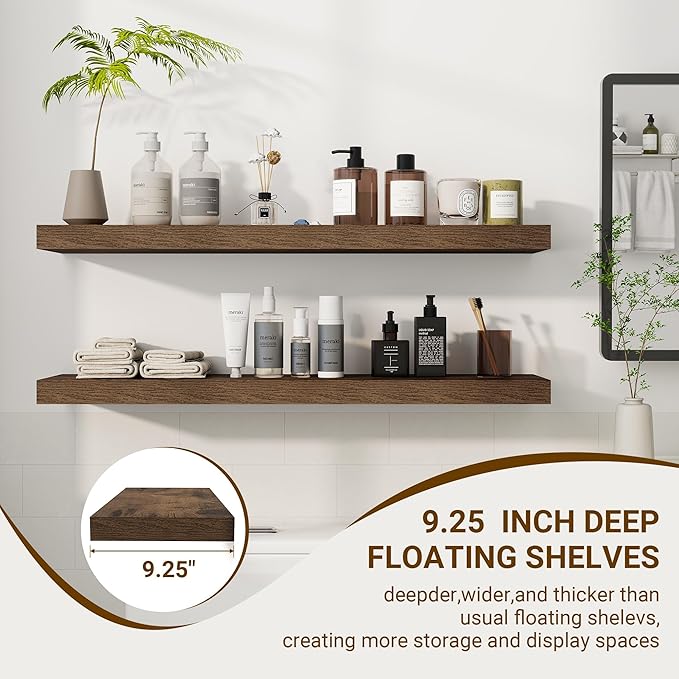 36 Inch Floating Shelves, 36"x9.25"x1.5" Inch Deep Floating Shelves for Wall, Wooden Shelves for Bathroom, Bedroom, Living Room, Brown-CasaMuseHome