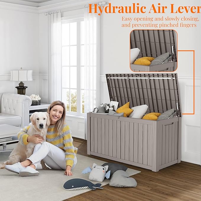 150 Gallon Resin Deck Box, Lockable Patio Outdoor Storage Box for Furniture, Garden Tools and Tools Storage, Waterproof Outside Storage Boxes - Grey-CasaMuseHome