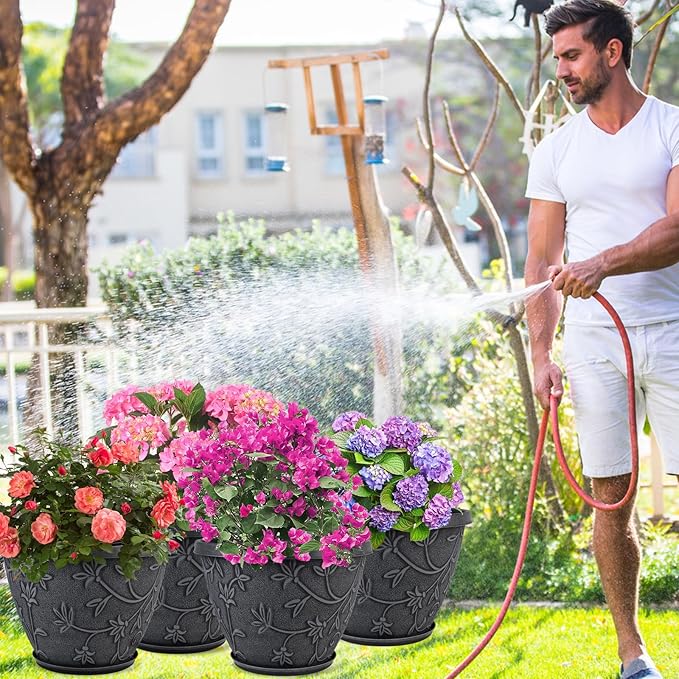 4 Pack 16 Inch Large Plant Pot for Outdoor, Plastic Flower Pot Indoor with Drainage Hole & Saucer, Modern Decorative Garden Pot, Imitation Magnolia Garden Pots for House Planters（Gray）-CasaMuseHome