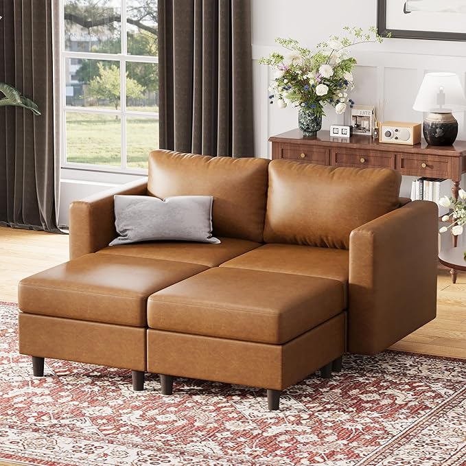 64.6" Faux Leather Loveseat Sleeper Sofa Bed with Storage Seat, Modern Modular Sectional Couch Deep Seat with Reversible Chaise 2-Seat Brown for Apartment, Living Room, Bedroom-CasaMuseHome