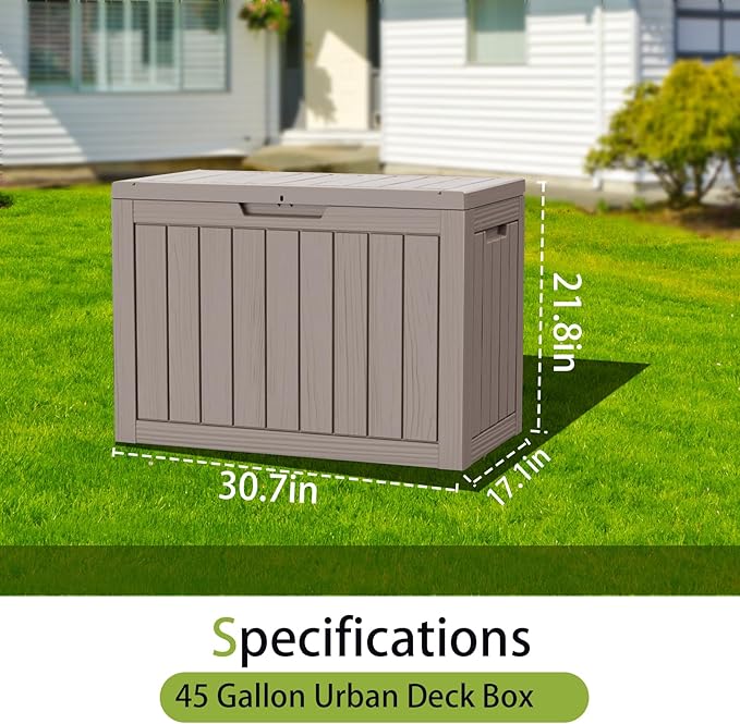 45 Gallon Outdoor Storage Box Waterproof Lockable Resin Deck Box Large, Patio Storage Bin for Pool Accessories Cushion Furniture, Garden Tools, UV-Resistant Outside Delivery Light Coffee-CasaMuseHome