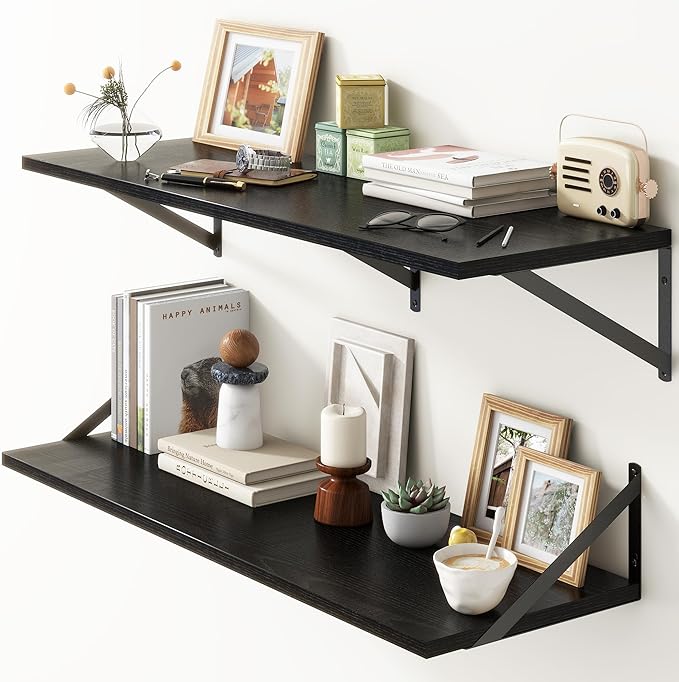 36"W x 12"D Floating Shelves, Black Deep Floating Shelves for Wall with Brackets, 12 Inch Deep Wall Shelves for Books, Wide Display Storage Shelves for Bathroom, Living Room, 36 Inch Long, Set of 2-CasaMuseHome