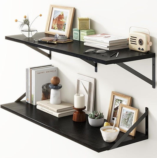 36"W x 12"D Floating Shelves, Black Deep Floating Shelves for Wall with Brackets, 12 Inch Deep Wall Shelves for Books, Wide Display Storage Shelves for Bathroom, Living Room, 36 Inch Long, Set of 2-CasaMuseHome